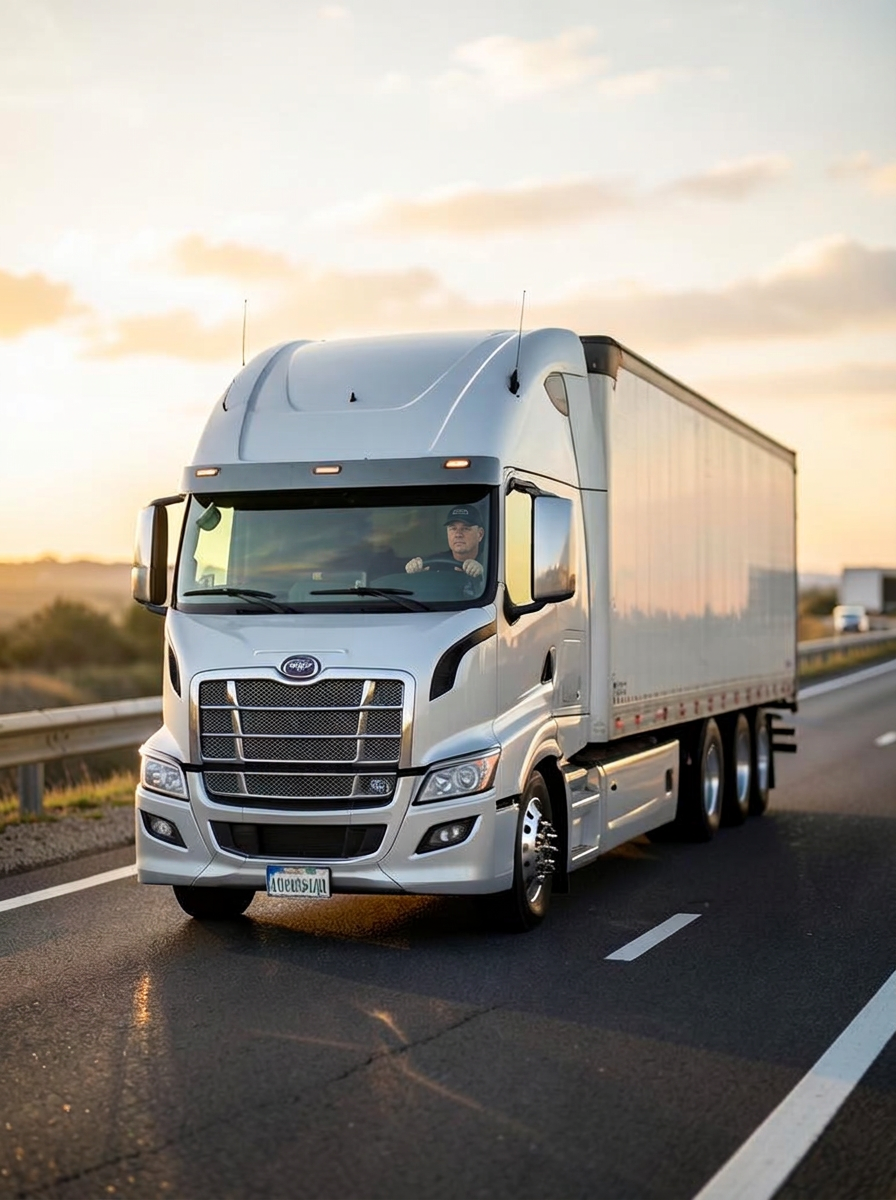 Highway semi truck hauling freight at sunset