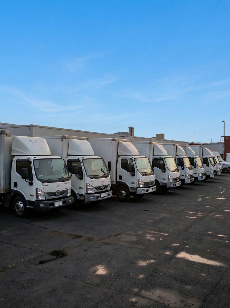 Delivery truck fleet lined up in a logistics yard